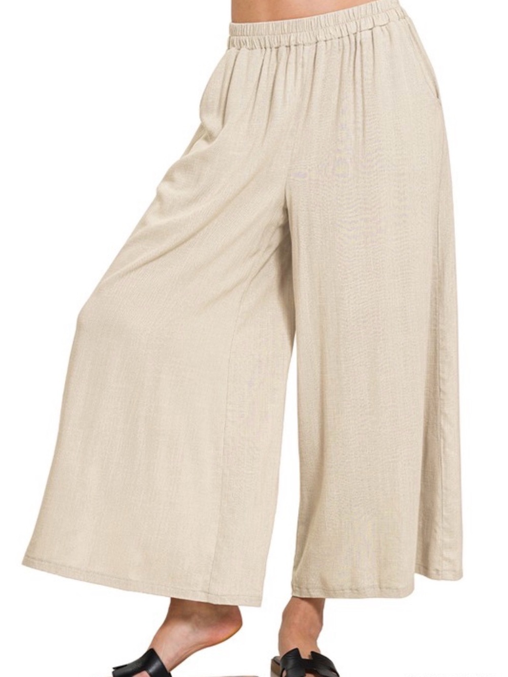 Zenana Outfitters Wide Leg Cropped Palazzo Pants in Beige